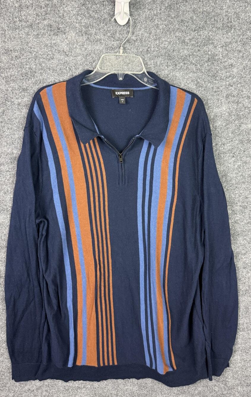 Express Sweater Mens XL Navy Blue Vertical Stripe Quarter Zip Collared Knit